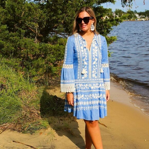 $498 EUC Tory Burch Gabriella Blue White Embroidered Dress Size 2 Perfect - Picture 4 of 10